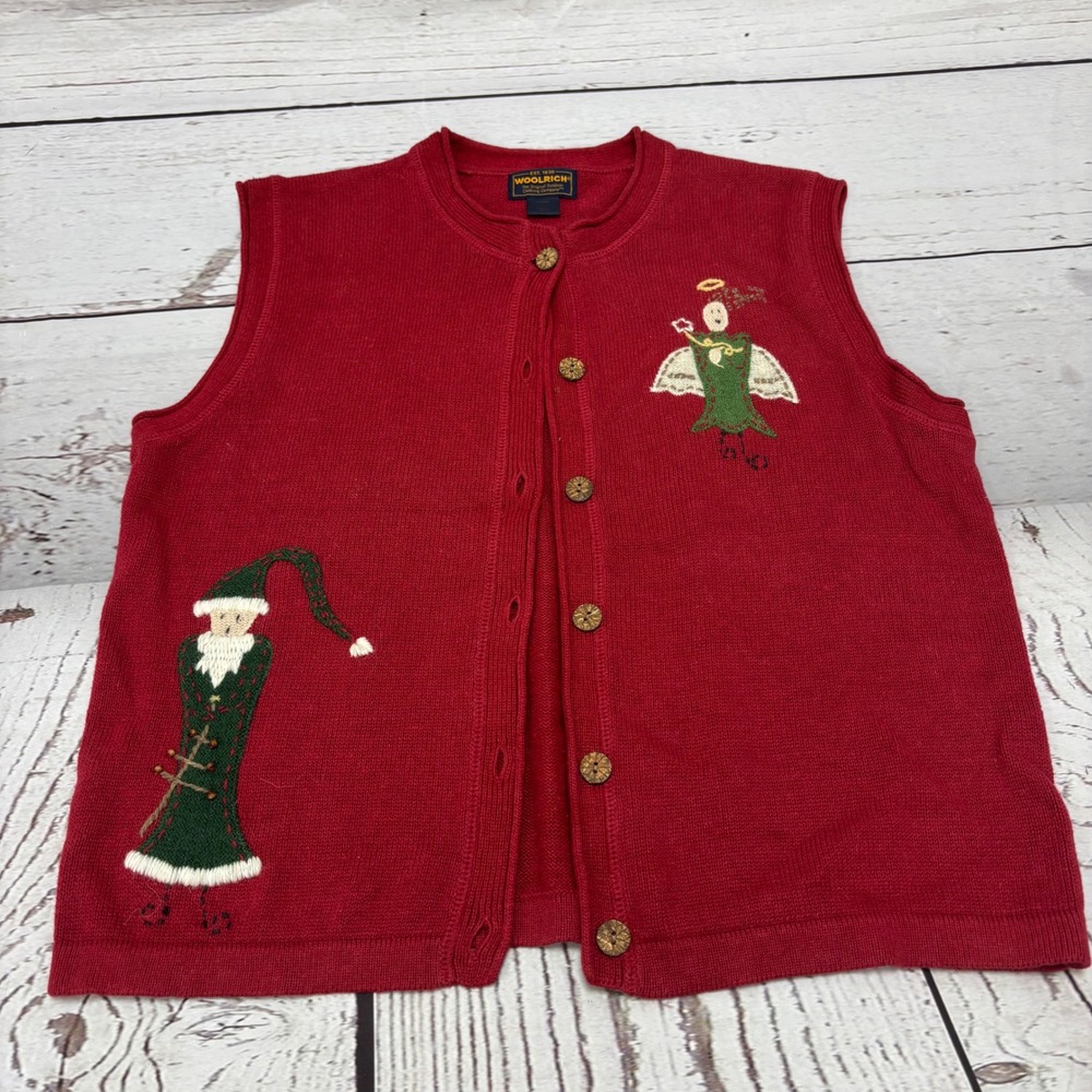 Woolrich Womens Red Christmas Sweater Vest Angel Elf Embroidered Ruby Large VTG